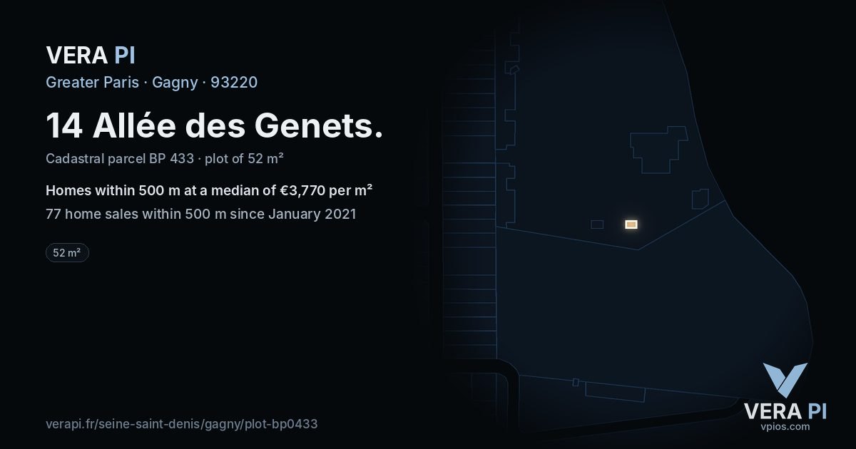 14 Allée des Genets, Gagny at night – the plot lit, the parcels around coloured by the prices near them