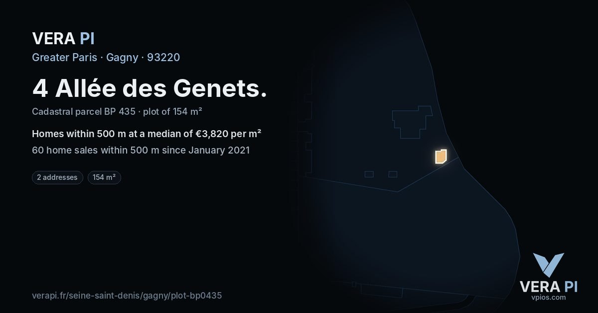 4 Allée des Genets, Gagny at night – the plot lit, the parcels around coloured by the prices near them
