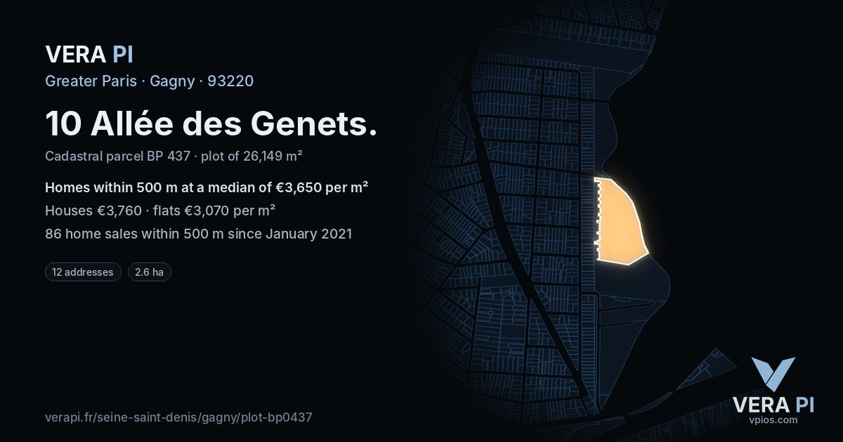 10 Allée des Genets, Gagny at night – the plot lit, the parcels around coloured by the prices near them
