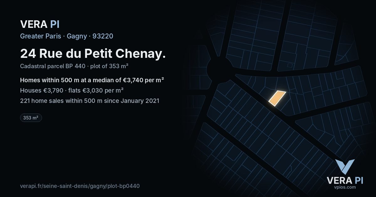 24 Rue du Petit Chenay, Gagny at night – the plot lit, the parcels around coloured by the prices near them