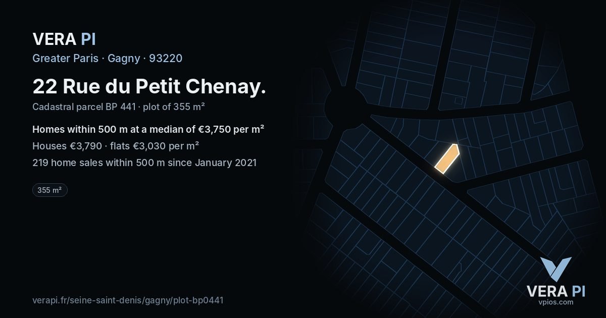 22 Rue du Petit Chenay, Gagny at night – the plot lit, the parcels around coloured by the prices near them