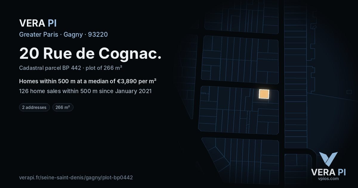 20 Rue de Cognac, Gagny at night – the plot lit, the parcels around coloured by the prices near them
