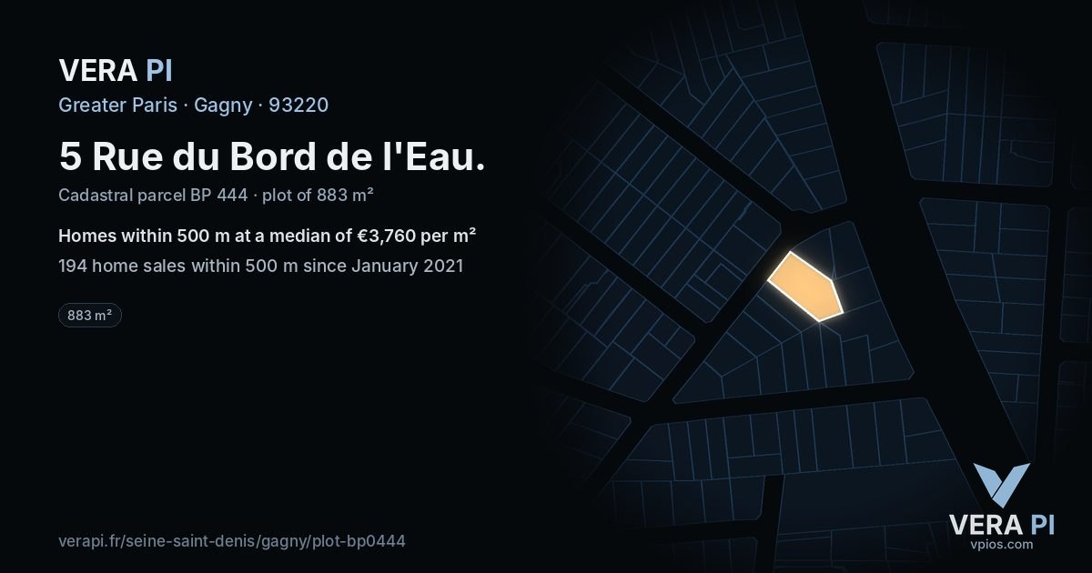 5 Rue du Bord de l'Eau, Gagny at night – the plot lit, the parcels around coloured by the prices near them
