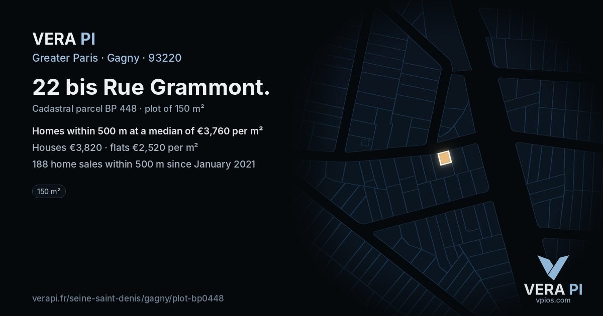22 bis Rue Grammont, Gagny at night – the plot lit, the parcels around coloured by the prices near them
