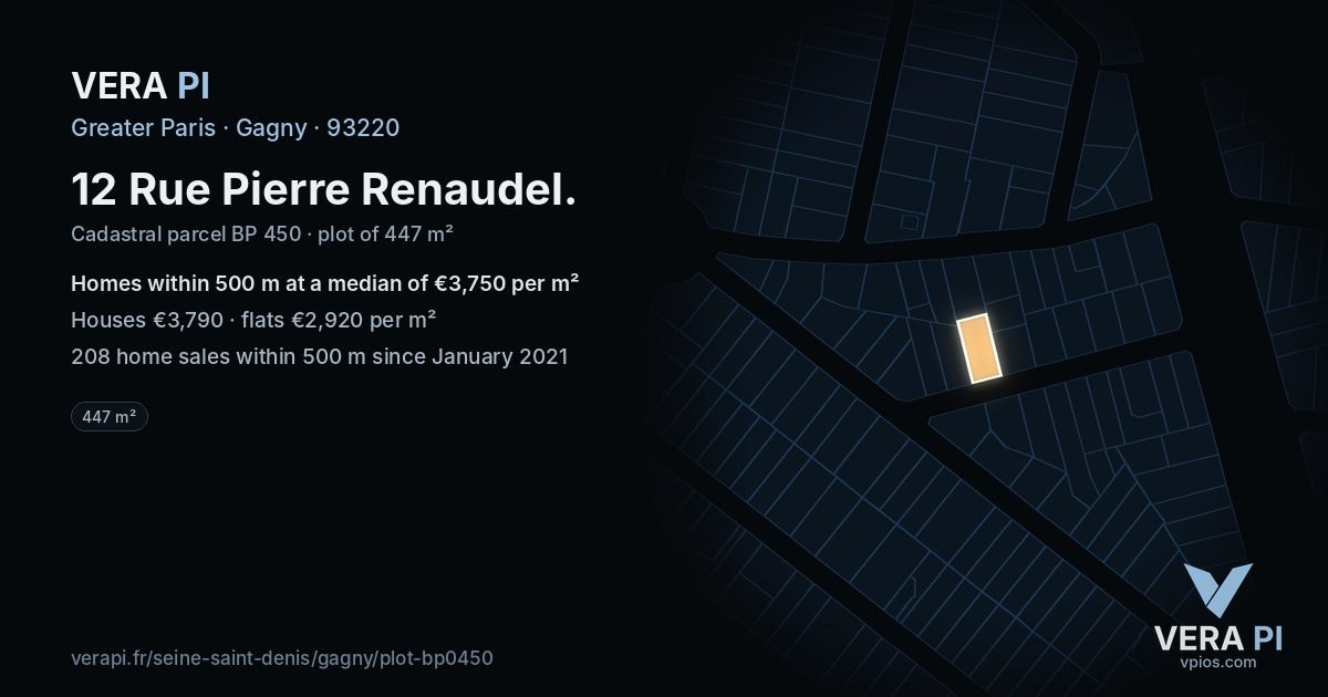 12 Rue Pierre Renaudel, Gagny at night – the plot lit, the parcels around coloured by the prices near them