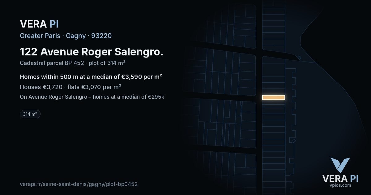 122 Avenue Roger Salengro, Gagny at night – the plot lit, the parcels around coloured by the prices near them