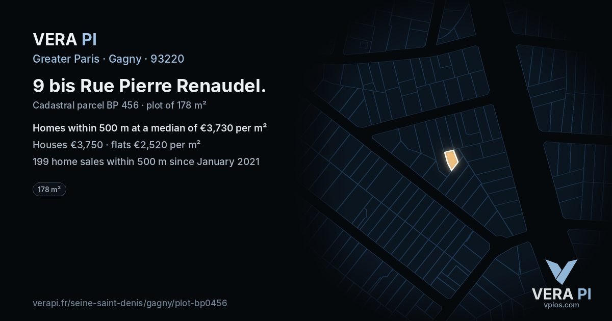 9 bis Rue Pierre Renaudel, Gagny at night – the plot lit, the parcels around coloured by the prices near them
