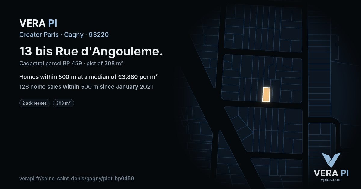13 bis Rue d'Angouleme, Gagny at night – the plot lit, the parcels around coloured by the prices near them