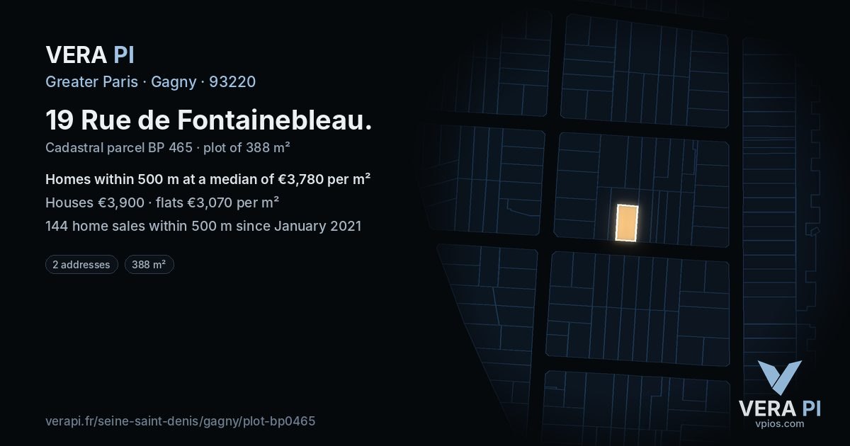 19 Rue de Fontainebleau, Gagny at night – the plot lit, the parcels around coloured by the prices near them
