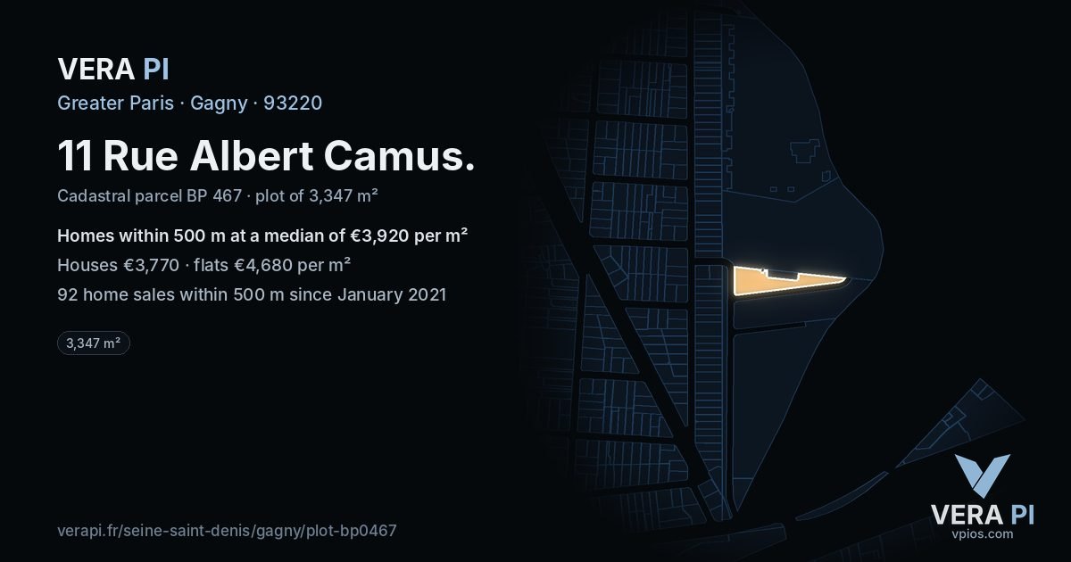 11 Rue Albert Camus, Gagny at night – the plot lit, the parcels around coloured by the prices near them