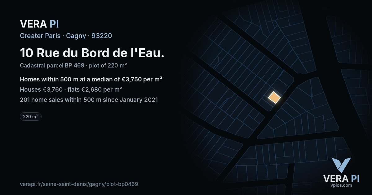 10 Rue du Bord de l'Eau, Gagny at night – the plot lit, the parcels around coloured by the prices near them