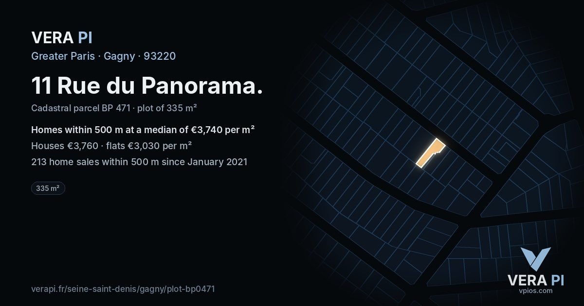 11 Rue du Panorama, Gagny at night – the plot lit, the parcels around coloured by the prices near them