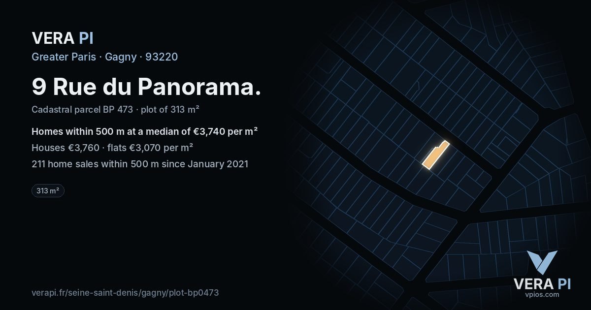 9 Rue du Panorama, Gagny at night – the plot lit, the parcels around coloured by the prices near them