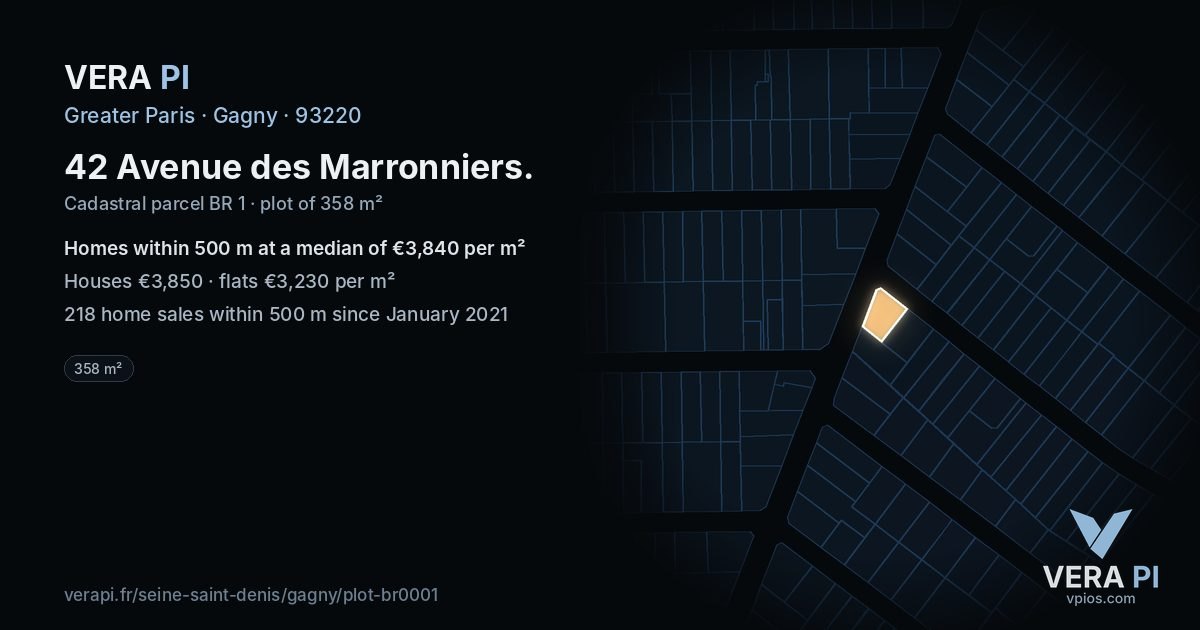 42 Avenue des Marronniers, Gagny at night – the plot lit, the parcels around coloured by the prices near them
