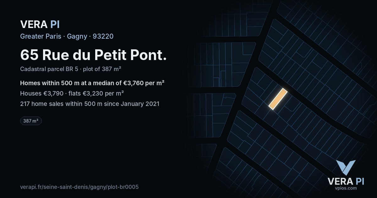 65 Rue du Petit Pont, Gagny at night – the plot lit, the parcels around coloured by the prices near them