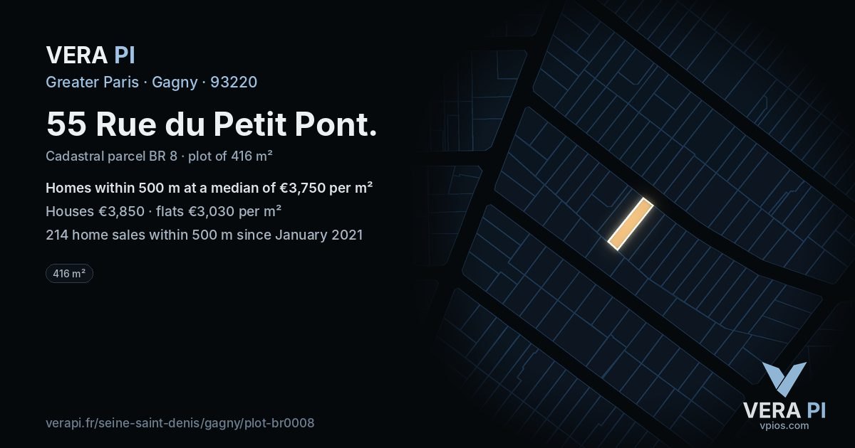55 Rue du Petit Pont, Gagny at night – the plot lit, the parcels around coloured by the prices near them