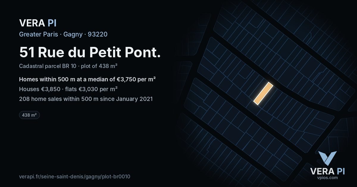 51 Rue du Petit Pont, Gagny at night – the plot lit, the parcels around coloured by the prices near them