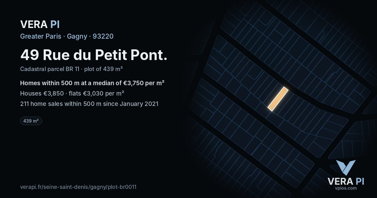 49 Rue du Petit Pont, Gagny at night – the plot lit, the parcels around coloured by the prices near them