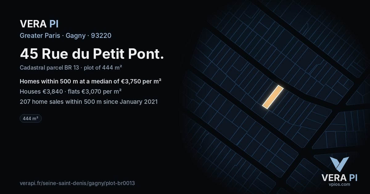 45 Rue du Petit Pont, Gagny at night – the plot lit, the parcels around coloured by the prices near them