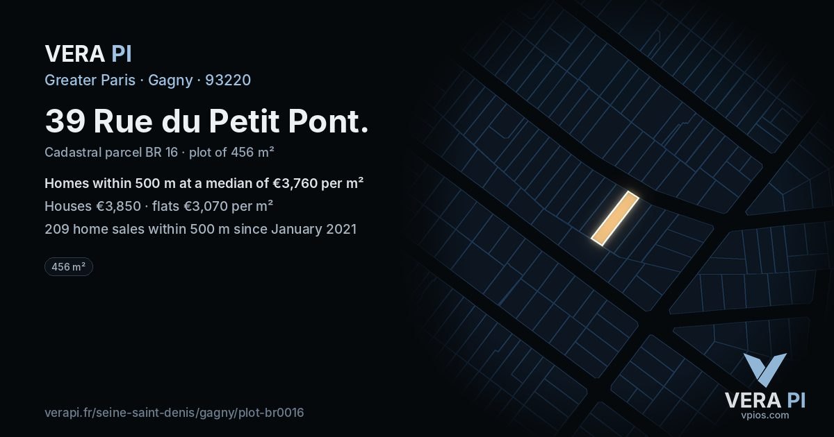 39 Rue du Petit Pont, Gagny at night – the plot lit, the parcels around coloured by the prices near them