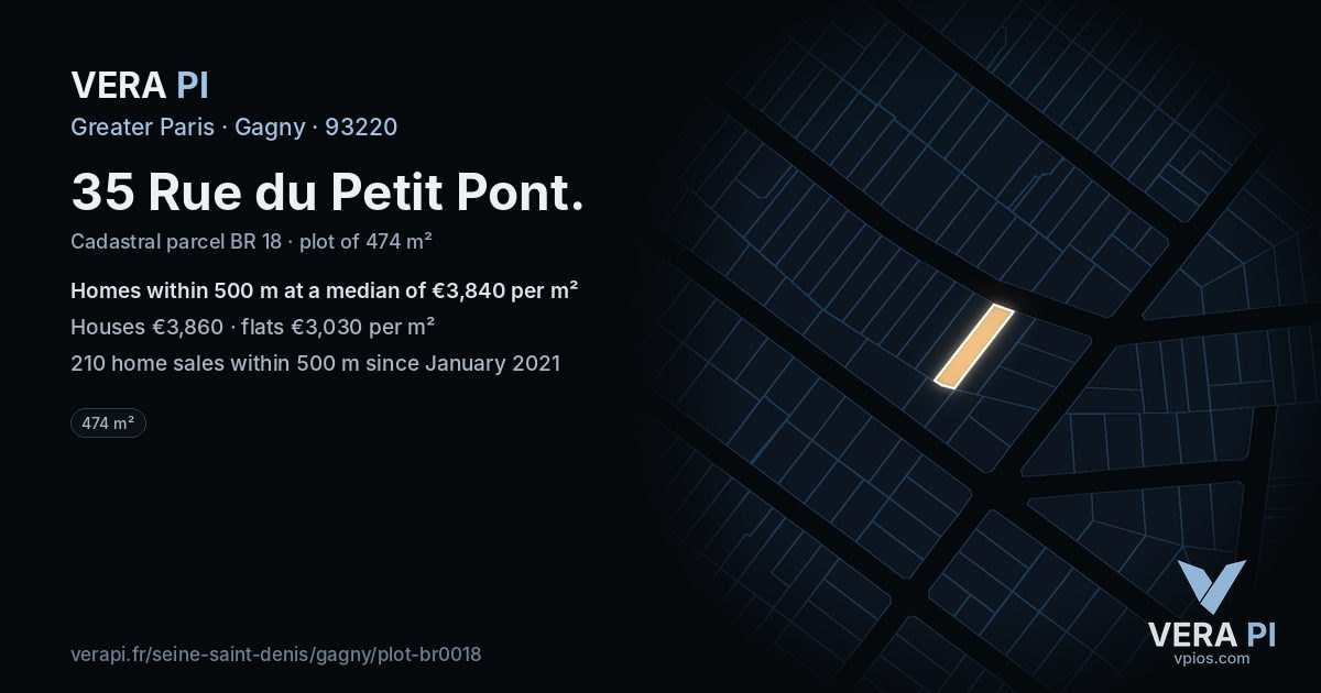 35 Rue du Petit Pont, Gagny at night – the plot lit, the parcels around coloured by the prices near them