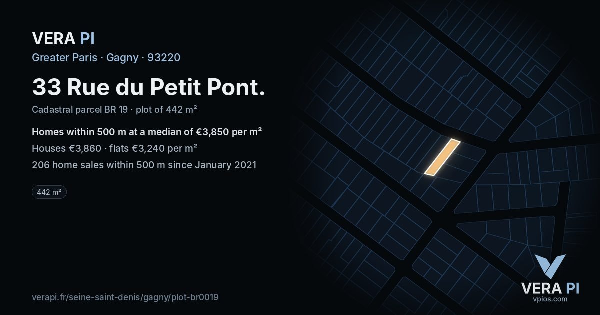 33 Rue du Petit Pont, Gagny at night – the plot lit, the parcels around coloured by the prices near them