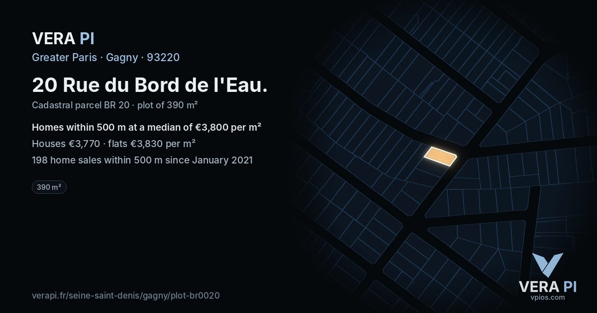 20 Rue du Bord de l'Eau, Gagny at night – the plot lit, the parcels around coloured by the prices near them