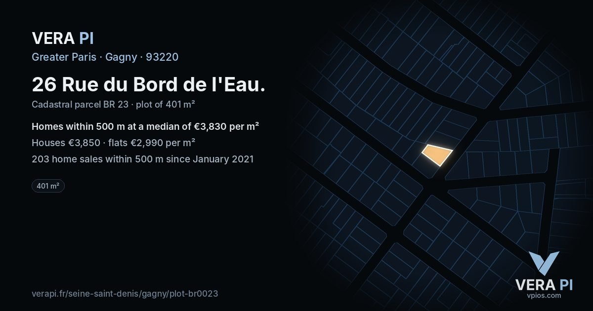 26 Rue du Bord de l'Eau, Gagny at night – the plot lit, the parcels around coloured by the prices near them