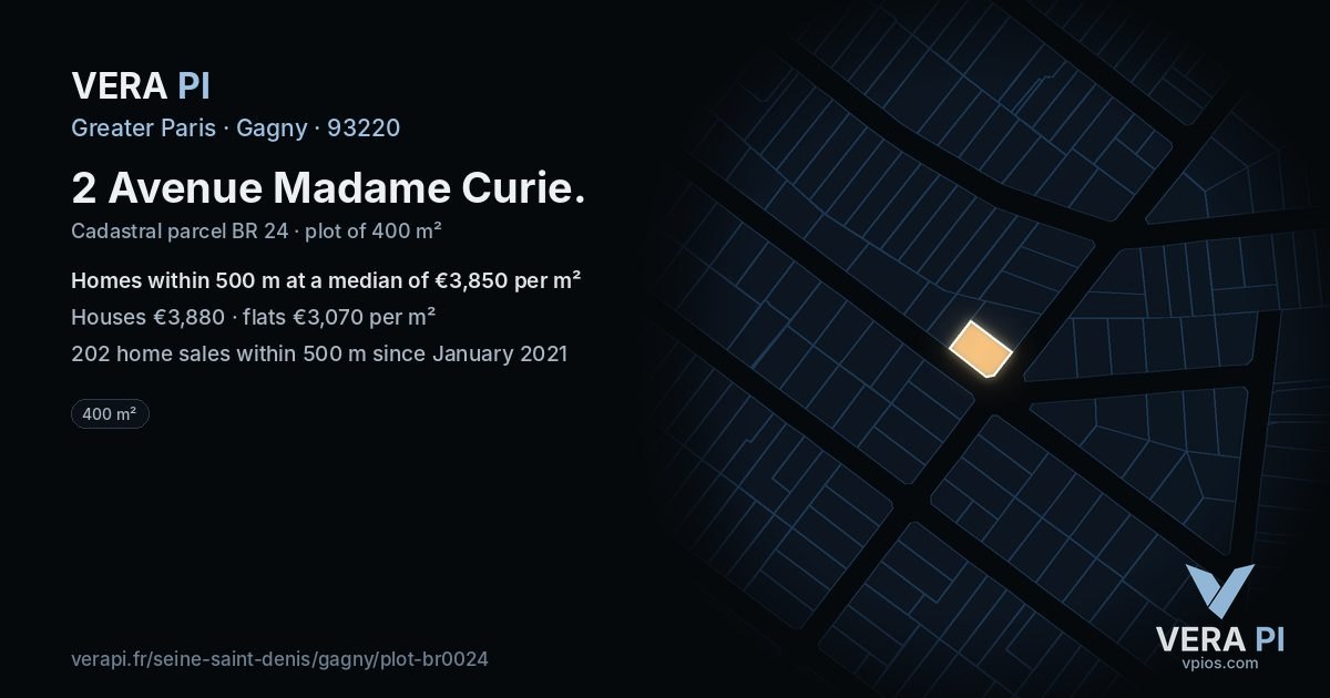 2 Avenue Madame Curie, Gagny at night – the plot lit, the parcels around coloured by the prices near them