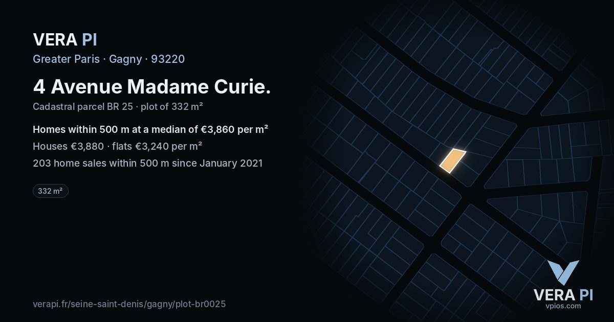 4 Avenue Madame Curie, Gagny at night – the plot lit, the parcels around coloured by the prices near them