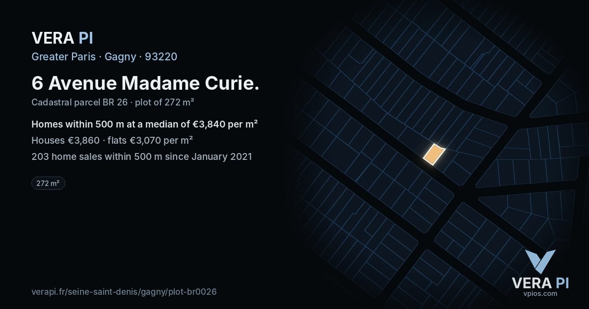 6 Avenue Madame Curie, Gagny at night – the plot lit, the parcels around coloured by the prices near them