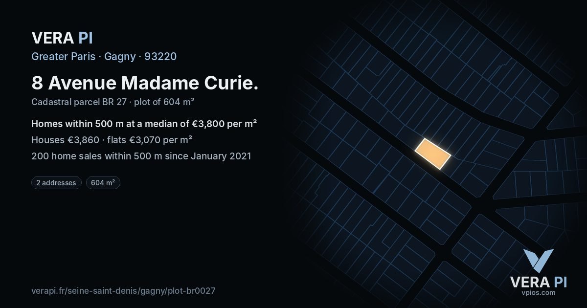8 Avenue Madame Curie, Gagny at night – the plot lit, the parcels around coloured by the prices near them