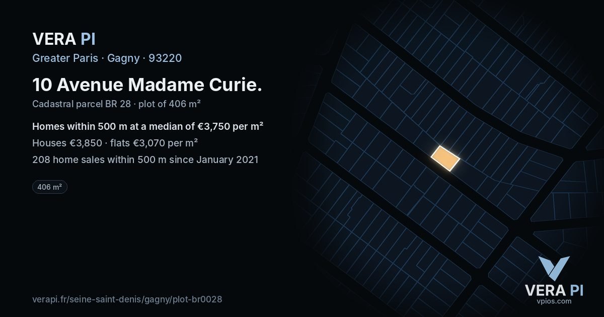 10 Avenue Madame Curie, Gagny at night – the plot lit, the parcels around coloured by the prices near them