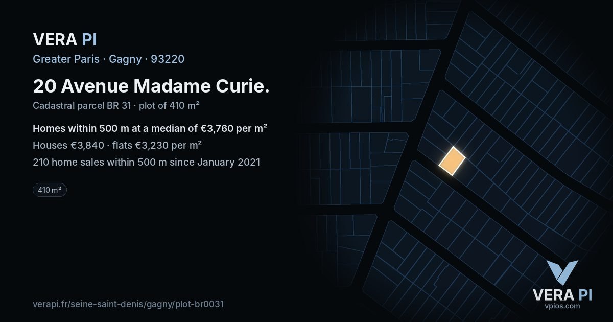 20 Avenue Madame Curie, Gagny at night – the plot lit, the parcels around coloured by the prices near them