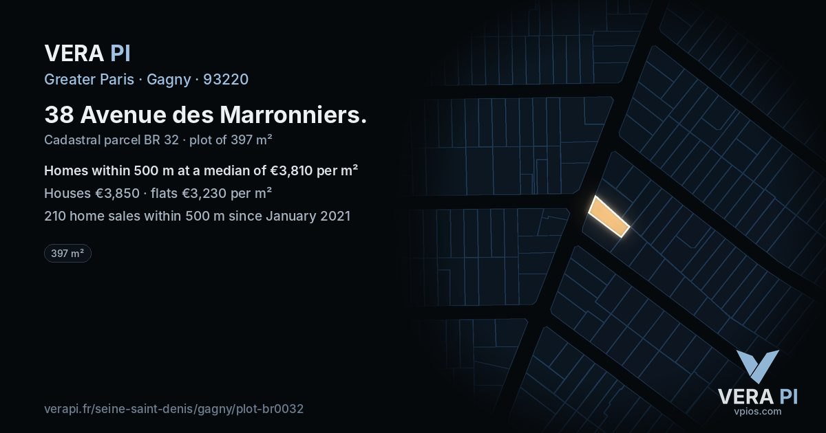 38 Avenue des Marronniers, Gagny at night – the plot lit, the parcels around coloured by the prices near them