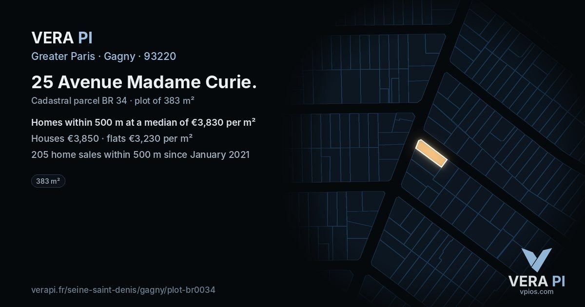 25 Avenue Madame Curie, Gagny at night – the plot lit, the parcels around coloured by the prices near them
