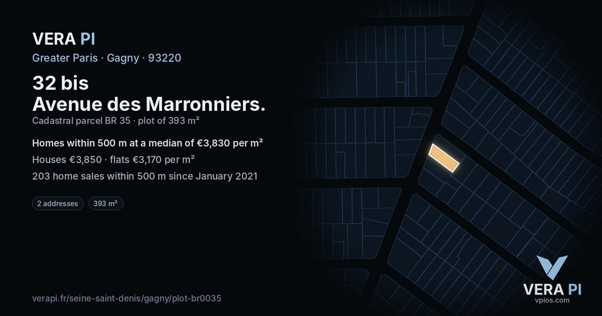 32 bis Avenue des Marronniers, Gagny at night – the plot lit, the parcels around coloured by the prices near them