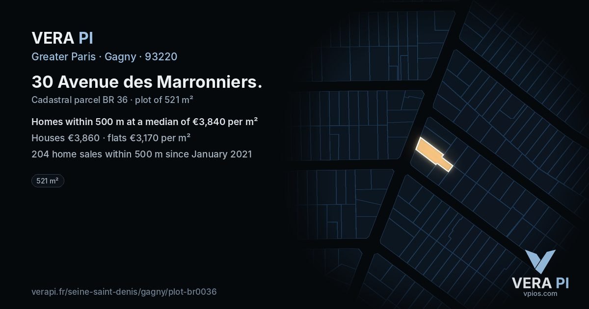 30 Avenue des Marronniers, Gagny at night – the plot lit, the parcels around coloured by the prices near them