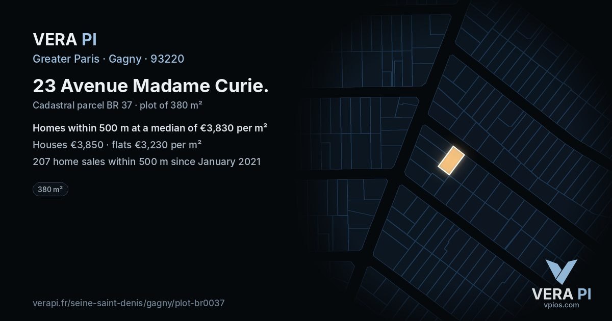 23 Avenue Madame Curie, Gagny at night – the plot lit, the parcels around coloured by the prices near them