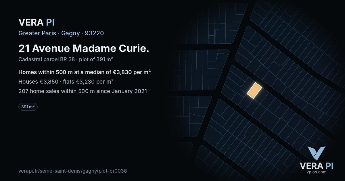 21 Avenue Madame Curie, Gagny at night – the plot lit, the parcels around coloured by the prices near them