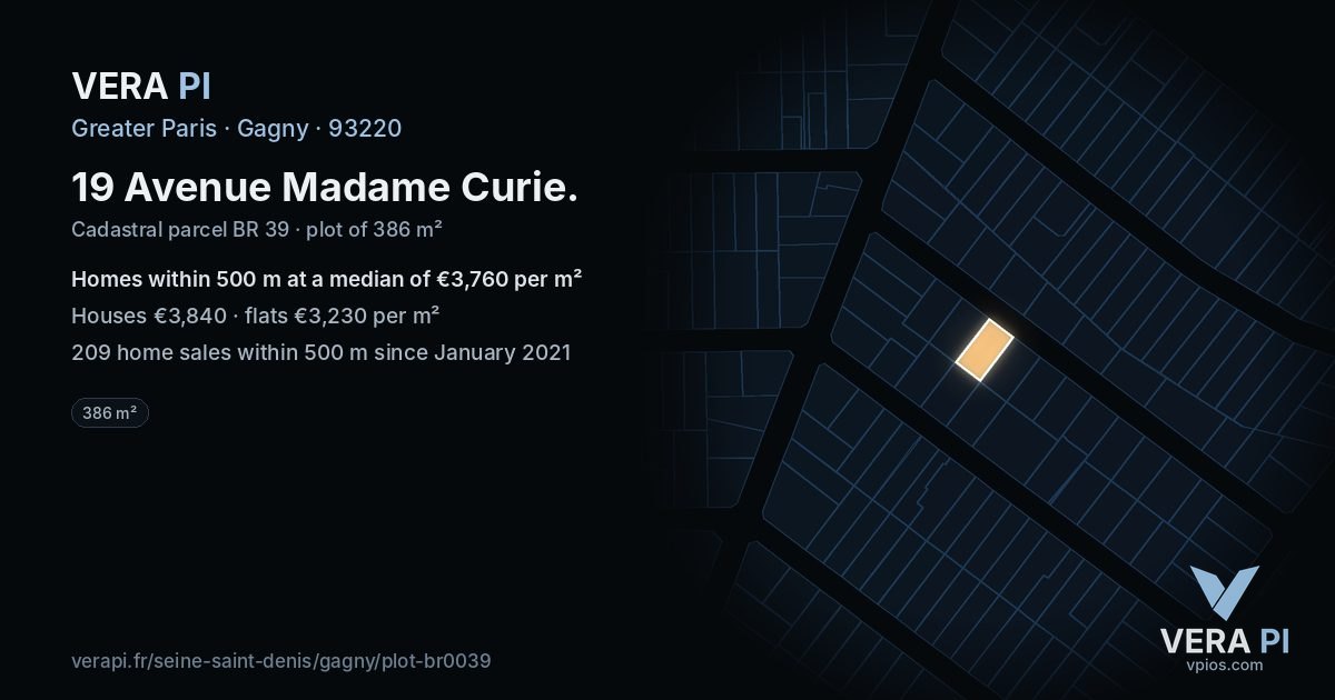 19 Avenue Madame Curie, Gagny at night – the plot lit, the parcels around coloured by the prices near them