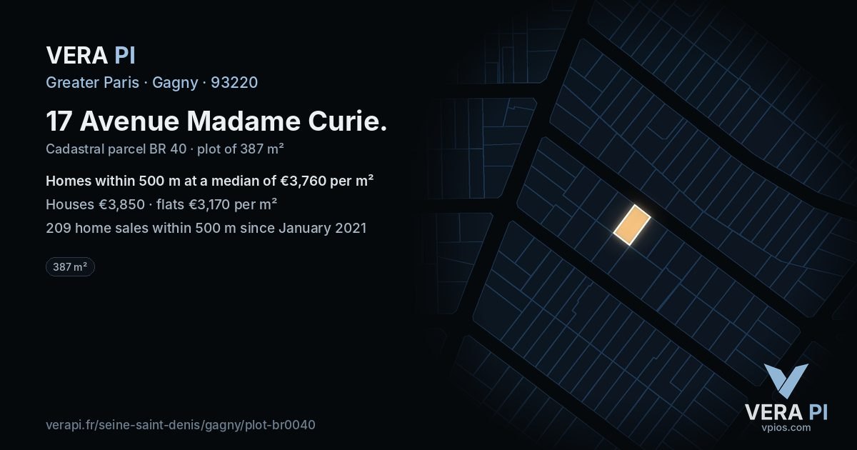 17 Avenue Madame Curie, Gagny at night – the plot lit, the parcels around coloured by the prices near them
