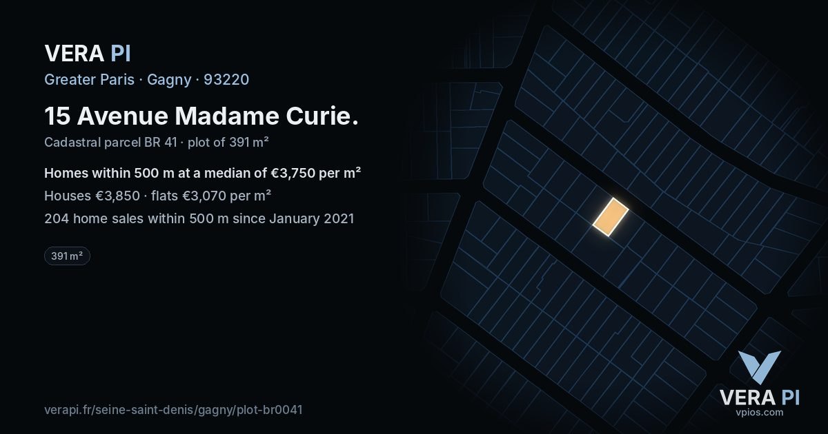 15 Avenue Madame Curie, Gagny at night – the plot lit, the parcels around coloured by the prices near them