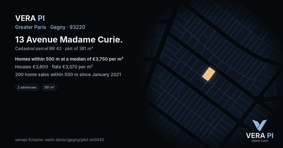 13 Avenue Madame Curie, Gagny at night – the plot lit, the parcels around coloured by the prices near them