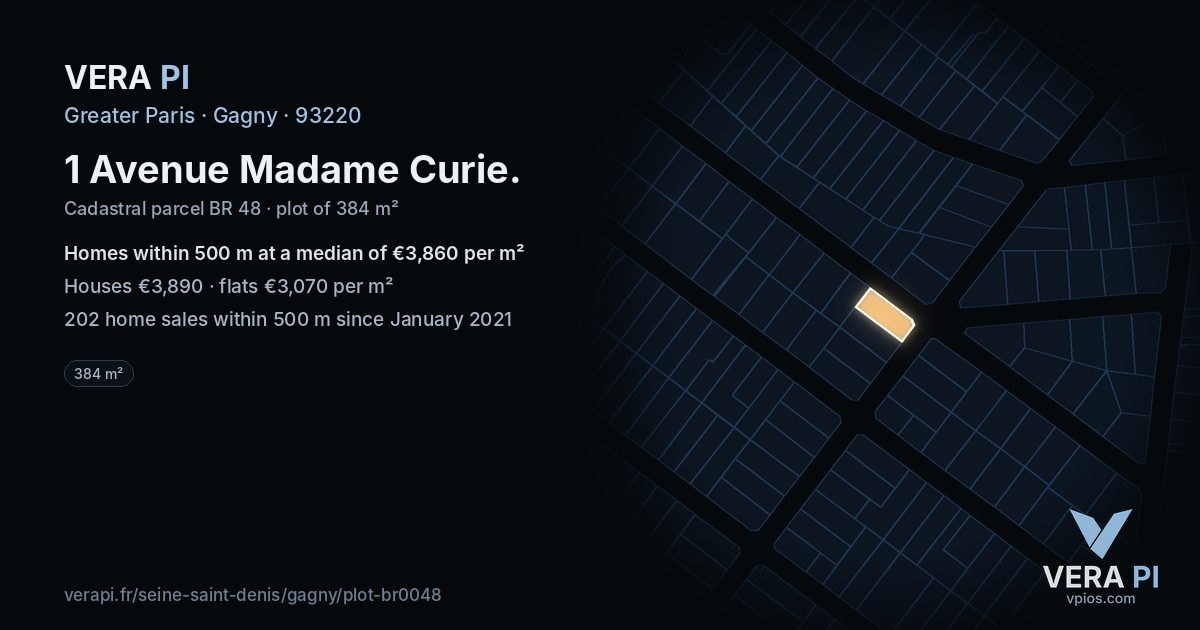 1 Avenue Madame Curie, Gagny at night – the plot lit, the parcels around coloured by the prices near them