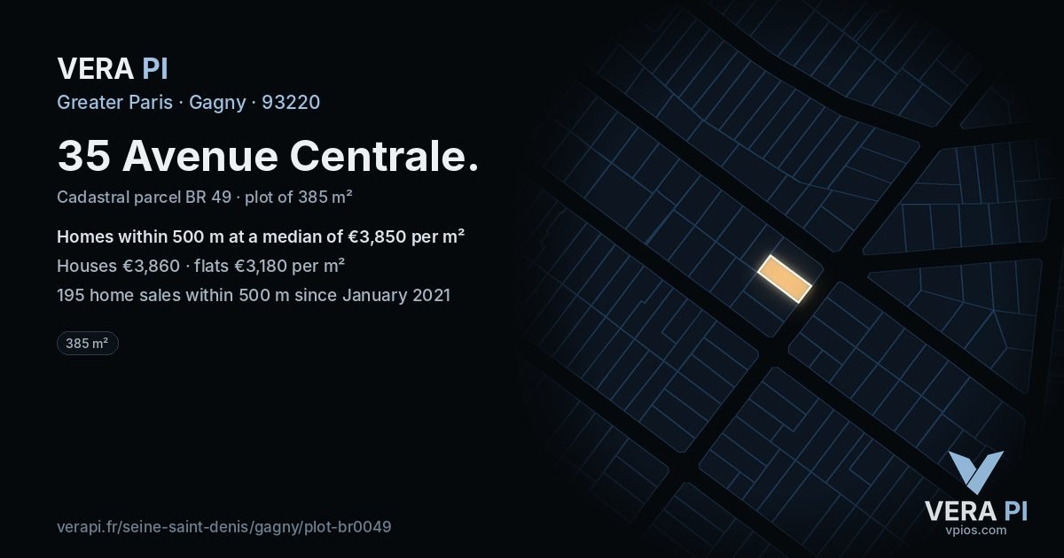 35 Avenue Centrale, Gagny at night – the plot lit, the parcels around coloured by the prices near them
