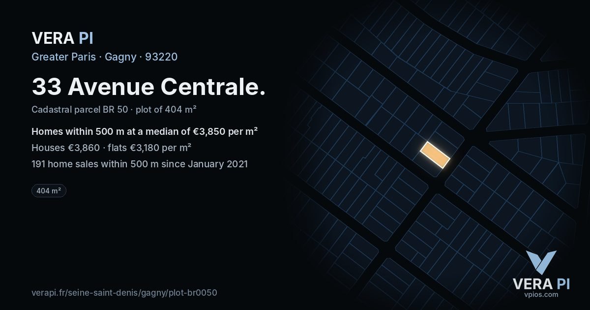 33 Avenue Centrale, Gagny at night – the plot lit, the parcels around coloured by the prices near them