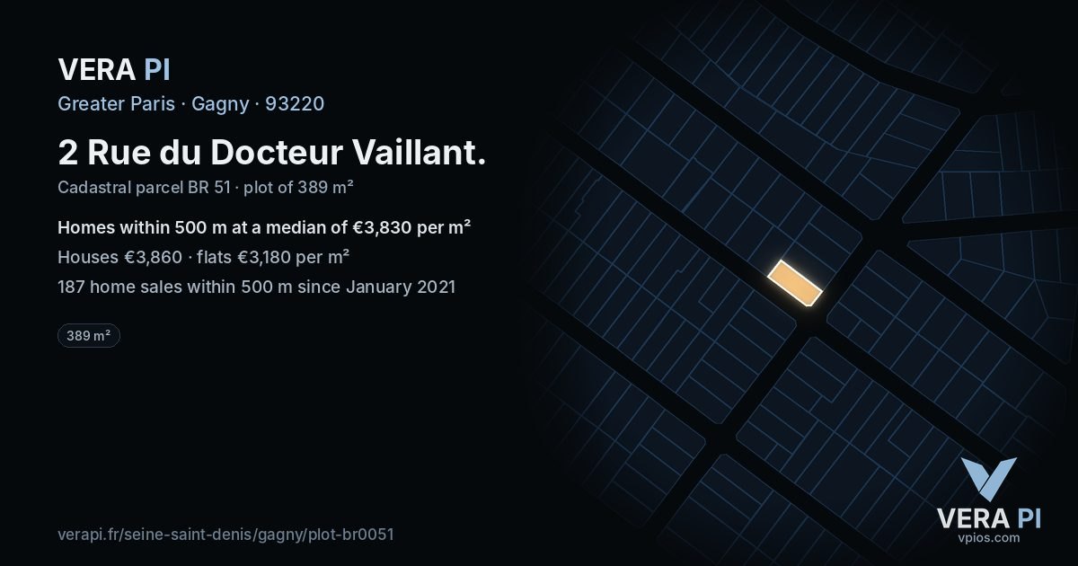 2 Rue du Docteur Vaillant, Gagny at night – the plot lit, the parcels around coloured by the prices near them