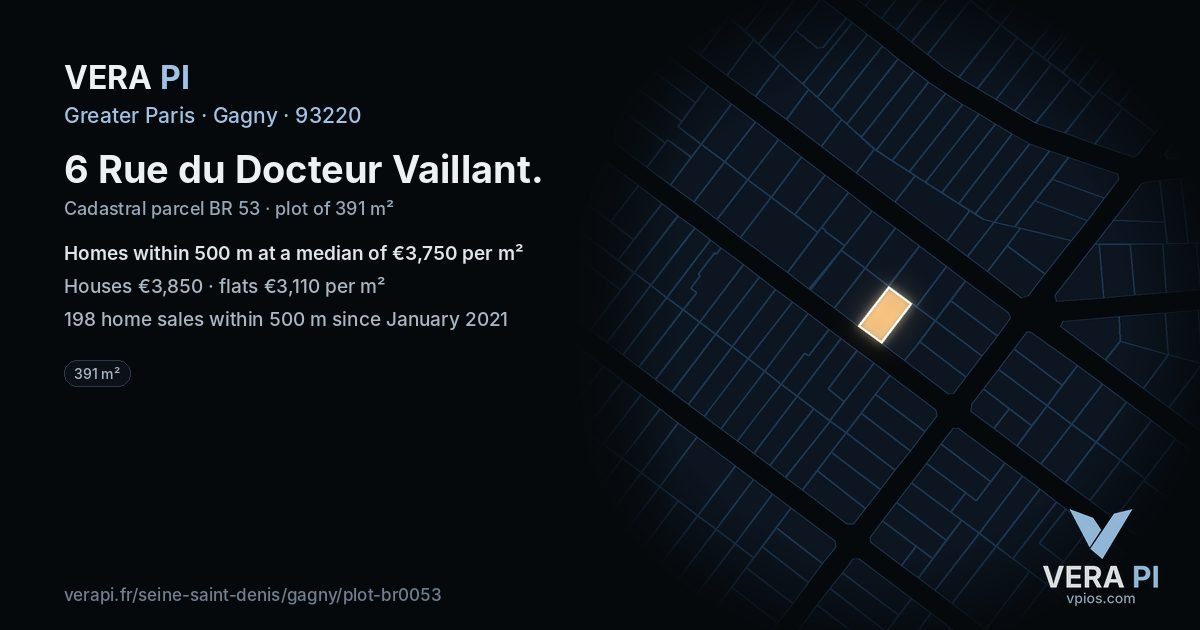 6 Rue du Docteur Vaillant, Gagny at night – the plot lit, the parcels around coloured by the prices near them
