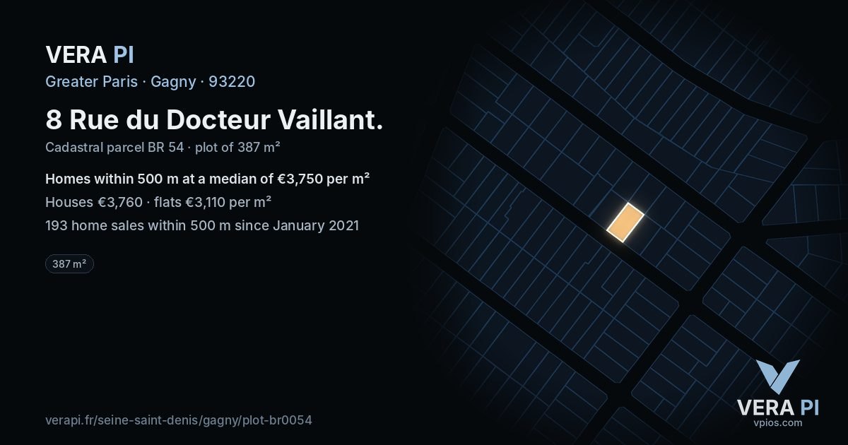 8 Rue du Docteur Vaillant, Gagny at night – the plot lit, the parcels around coloured by the prices near them